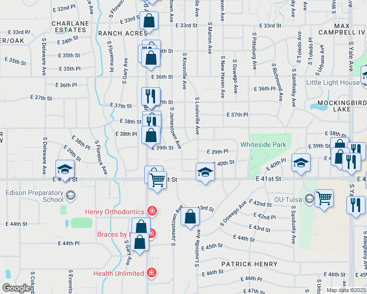 map of restaurants, bars, coffee shops, grocery stores, and more near 3903 South Jamestown Avenue in Tulsa
