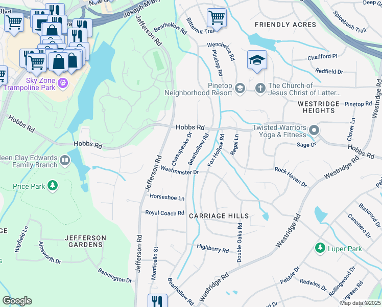 map of restaurants, bars, coffee shops, grocery stores, and more near 1709 Bearhollow Road in Greensboro