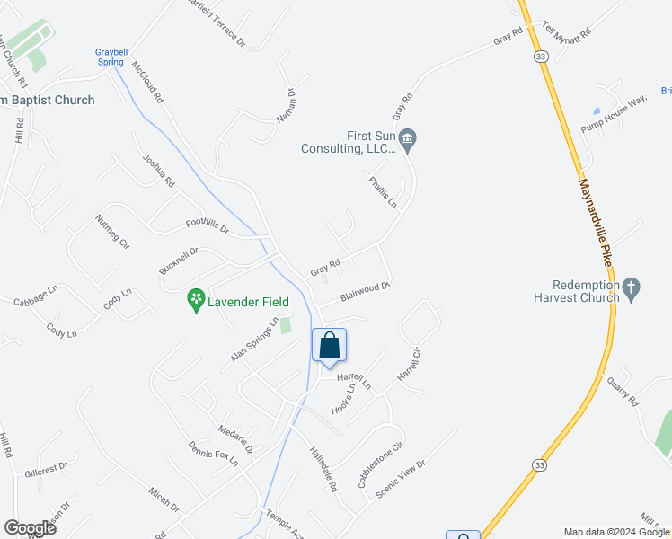 map of restaurants, bars, coffee shops, grocery stores, and more near 7911 Gray Heights Way in Knoxville