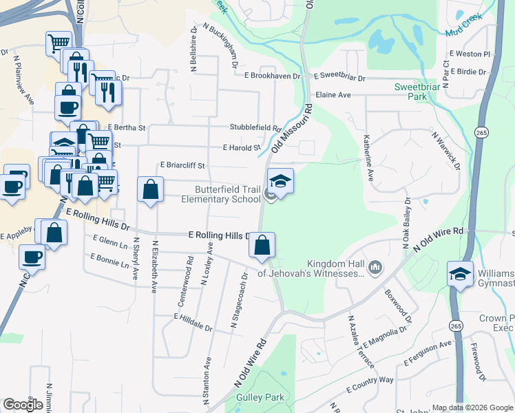map of restaurants, bars, coffee shops, grocery stores, and more near 3057 Old Missouri Road in Fayetteville