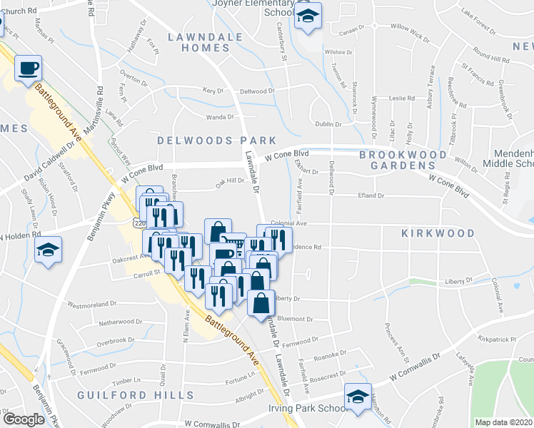 map of restaurants, bars, coffee shops, grocery stores, and more near 2902 Lawndale Drive in Greensboro