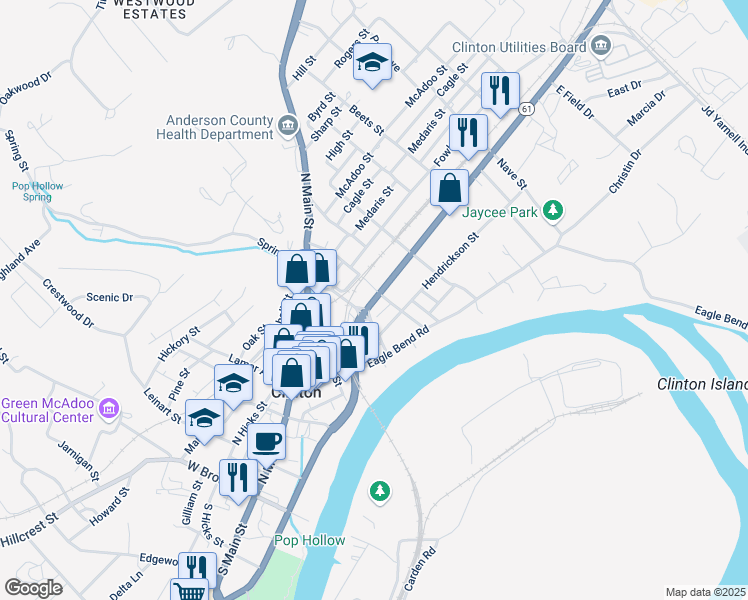 map of restaurants, bars, coffee shops, grocery stores, and more near 555 North Charles G Seivers Boulevard in Clinton