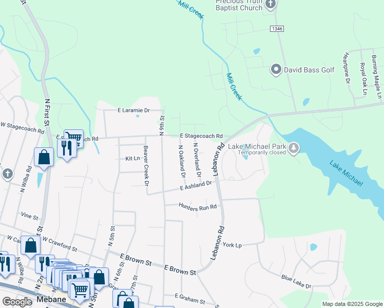 map of restaurants, bars, coffee shops, grocery stores, and more near 112 North Oakland Drive in Mebane