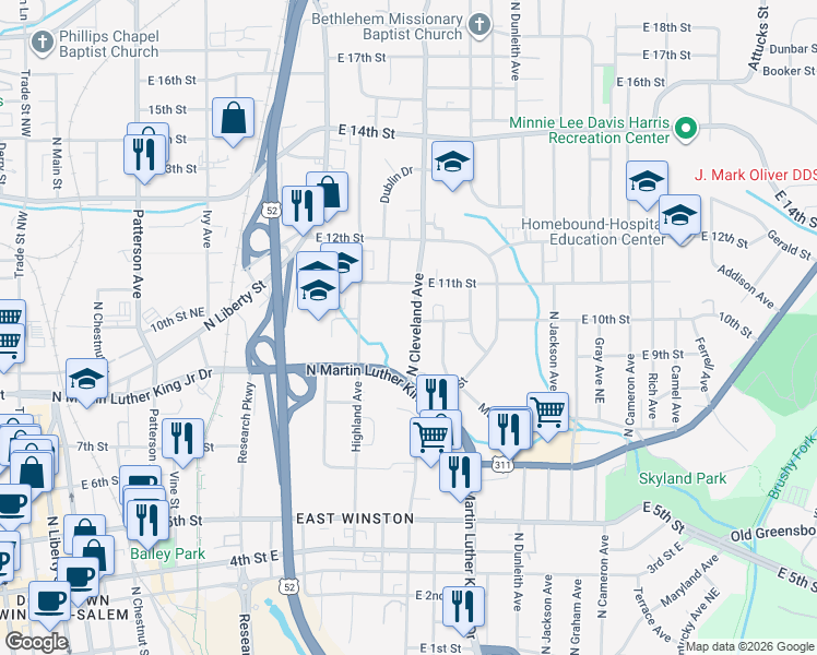 map of restaurants, bars, coffee shops, grocery stores, and more near 945 North Cleveland Avenue in Winston-Salem