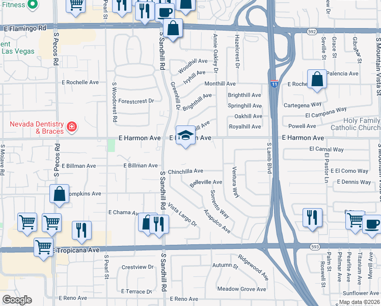 map of restaurants, bars, coffee shops, grocery stores, and more near 3875 East Harmon Avenue in Las Vegas
