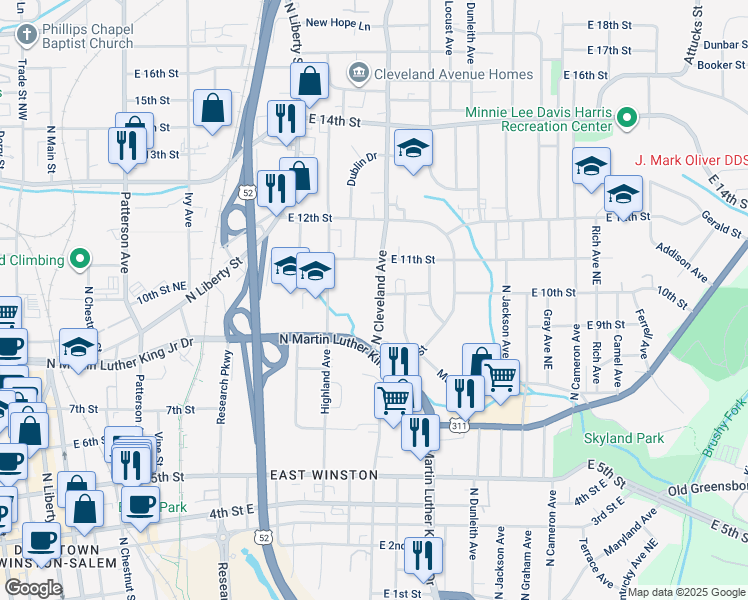 map of restaurants, bars, coffee shops, grocery stores, and more near 945 North Cleveland Avenue in Winston-Salem