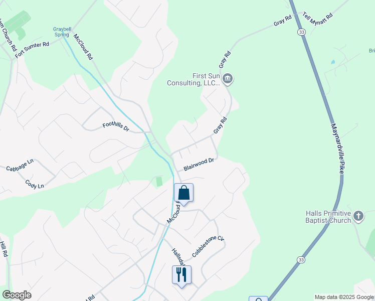 map of restaurants, bars, coffee shops, grocery stores, and more near 7918 Gray Heights Way in Knoxville