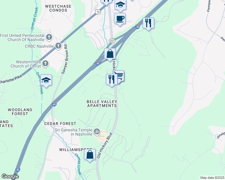map of restaurants, bars, coffee shops, grocery stores, and more near 600 Old Hickory Boulevard in Nashville