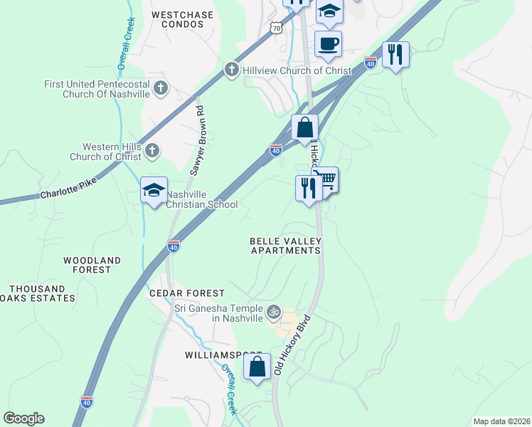 map of restaurants, bars, coffee shops, grocery stores, and more near 615 Old Hickory Boulevard in Nashville