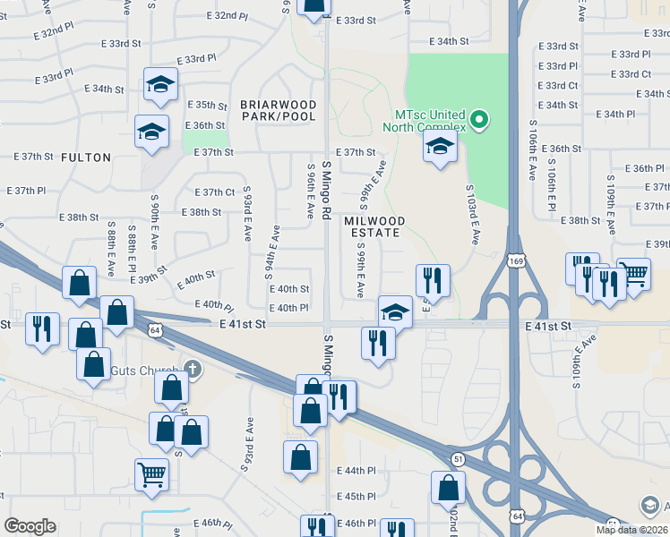 map of restaurants, bars, coffee shops, grocery stores, and more near 3853 South 98th East Avenue in Tulsa