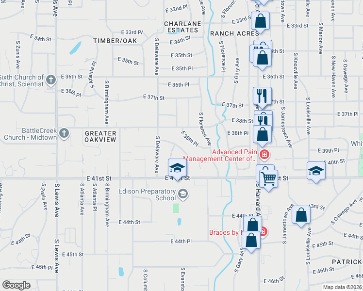 map of restaurants, bars, coffee shops, grocery stores, and more near 2840 East 39th Street in Tulsa