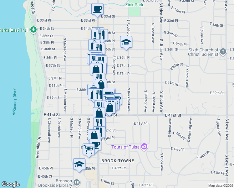 map of restaurants, bars, coffee shops, grocery stores, and more near 1408 East 38th Street in Tulsa