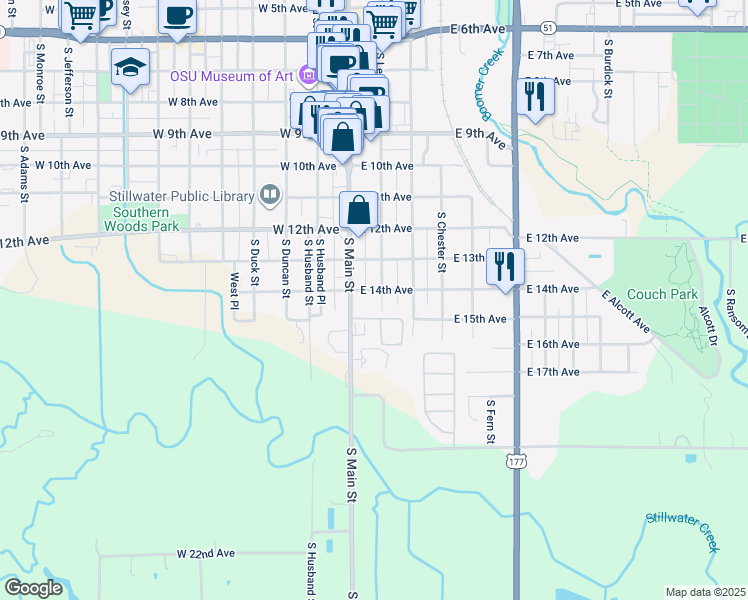 map of restaurants, bars, coffee shops, grocery stores, and more near 1404 South Lewis Street in Stillwater