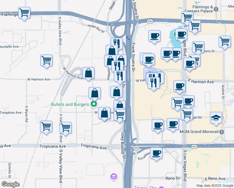 map of restaurants, bars, coffee shops, grocery stores, and more near 4575 Dean Martin Drive in Las Vegas