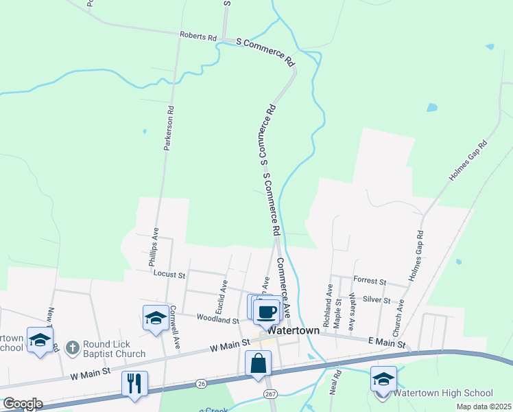 map of restaurants, bars, coffee shops, grocery stores, and more near 170 South Commerce Road in Watertown
