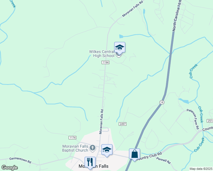 map of restaurants, bars, coffee shops, grocery stores, and more near 1399 Moravian Falls Road in Wilkesboro
