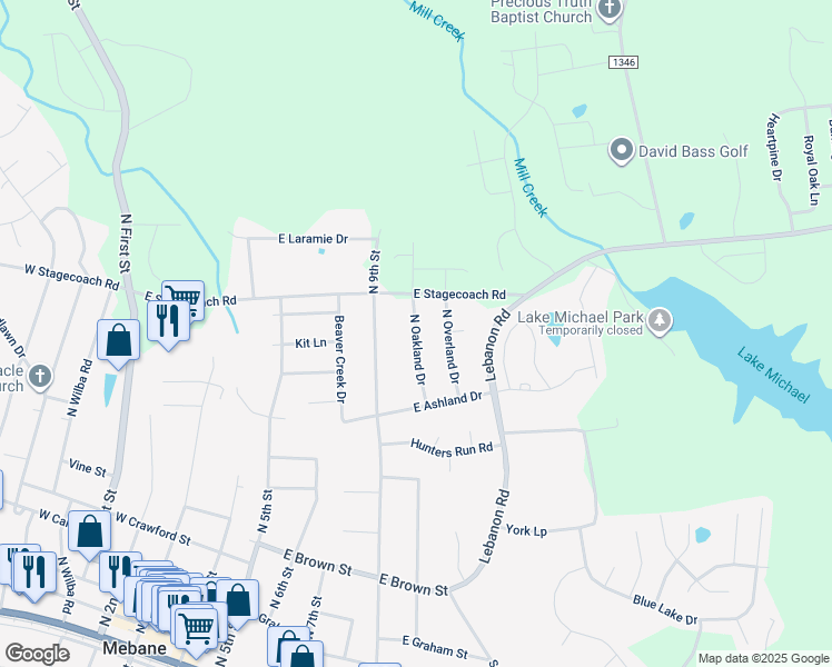 map of restaurants, bars, coffee shops, grocery stores, and more near 114 N Oakland Dr in Mebane