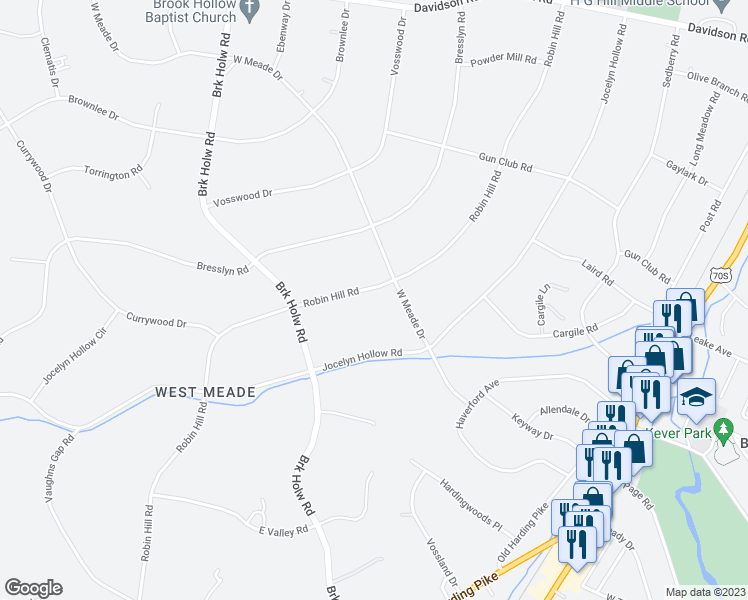 map of restaurants, bars, coffee shops, grocery stores, and more near 6205 Robin Hill Road in Nashville