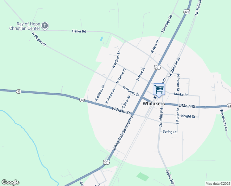 map of restaurants, bars, coffee shops, grocery stores, and more near 103 South Vance Street in Whitakers