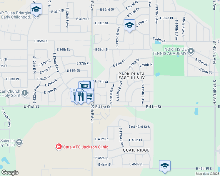 map of restaurants, bars, coffee shops, grocery stores, and more near 3916 South 131st East Avenue in Tulsa