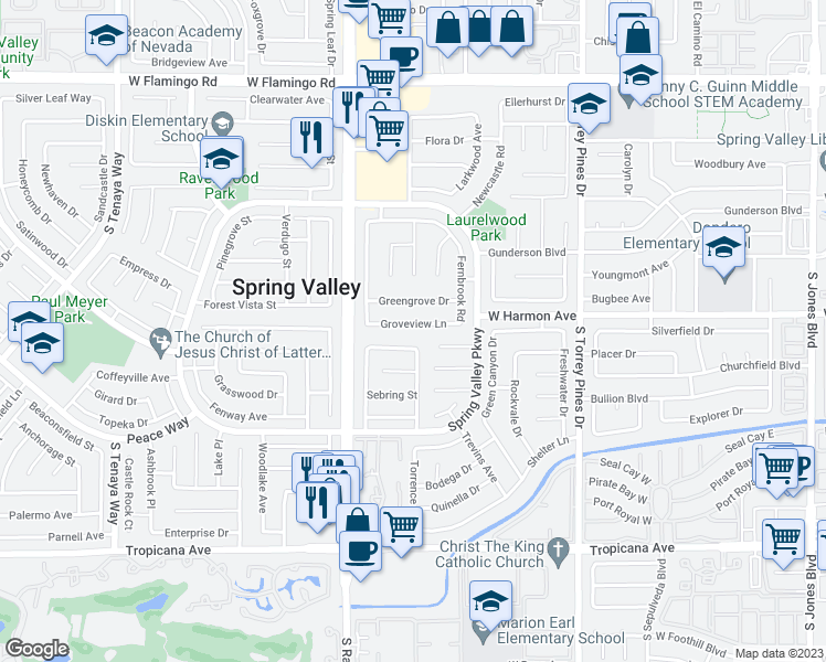 map of restaurants, bars, coffee shops, grocery stores, and more near 6785 Groveview Ln in Las Vegas