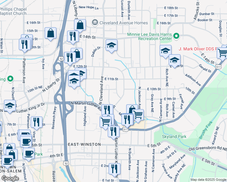 map of restaurants, bars, coffee shops, grocery stores, and more near 1250 East 10th Street in Winston-Salem