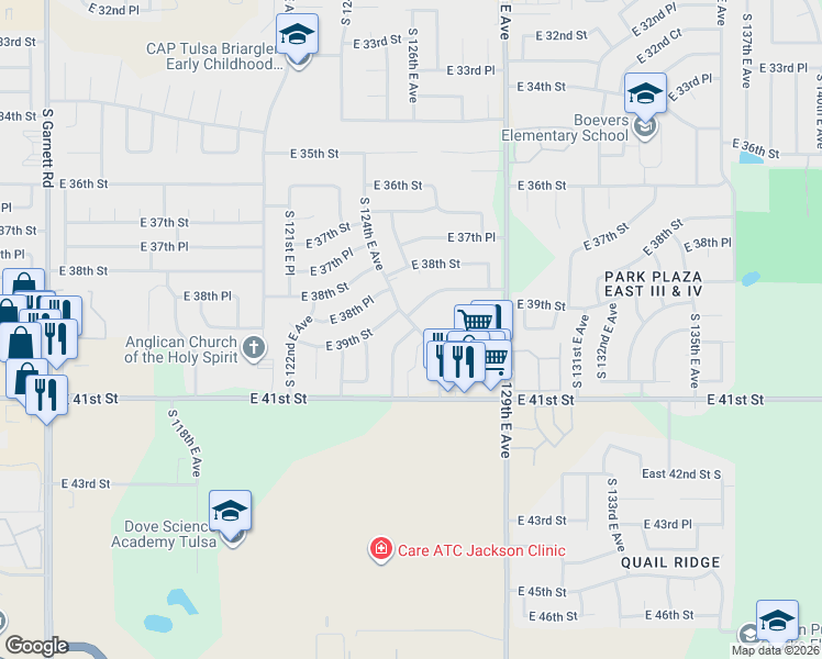 map of restaurants, bars, coffee shops, grocery stores, and more near 12528 East 39th Place in Tulsa