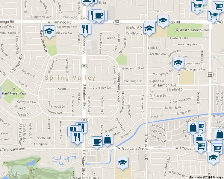 map of restaurants, bars, coffee shops, grocery stores, and more near 6717 Groveview Lane in Las Vegas
