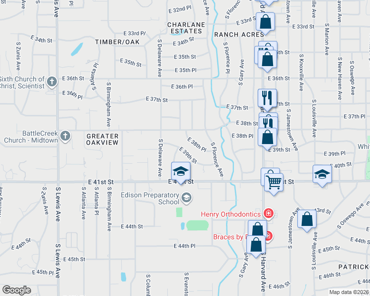 map of restaurants, bars, coffee shops, grocery stores, and more near 2840 East 39th Street in Tulsa