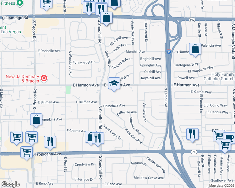 map of restaurants, bars, coffee shops, grocery stores, and more near 3875 East Harmon Avenue in Las Vegas