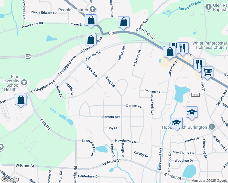 map of restaurants, bars, coffee shops, grocery stores, and more near 1814 Keogh St in Burlington