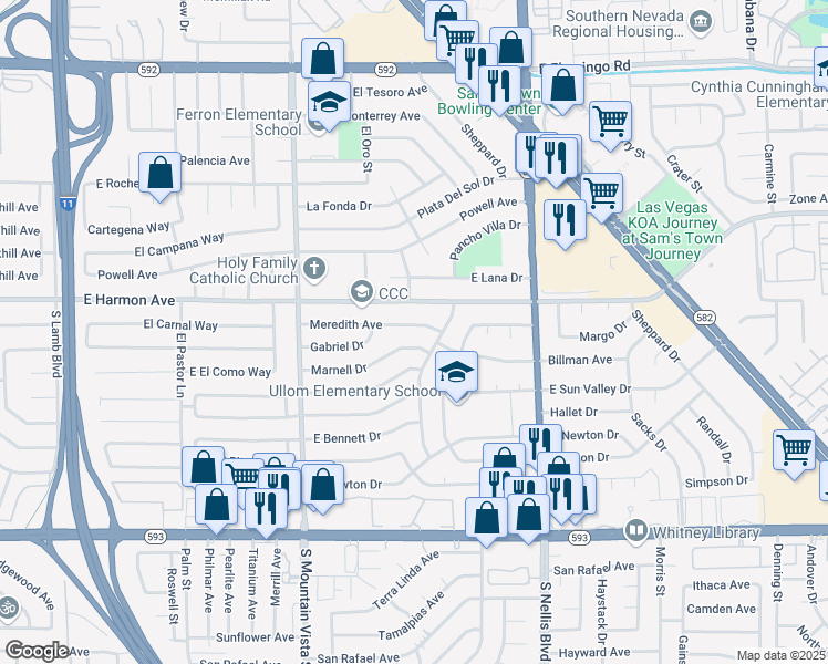 map of restaurants, bars, coffee shops, grocery stores, and more near 4999 Meredith Avenue in Las Vegas
