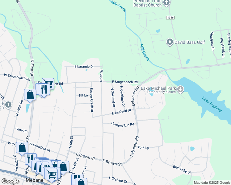 map of restaurants, bars, coffee shops, grocery stores, and more near 114 N Oakland Dr in Mebane
