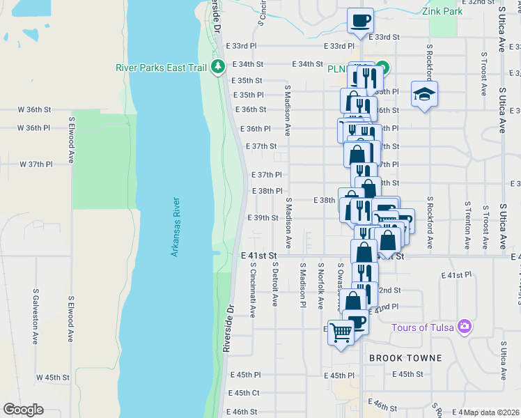 map of restaurants, bars, coffee shops, grocery stores, and more near 3843 South Cincinnati Avenue in Tulsa