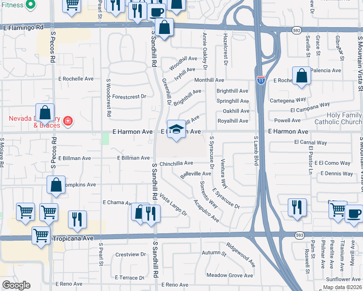map of restaurants, bars, coffee shops, grocery stores, and more near 3875 East Harmon Avenue in Las Vegas