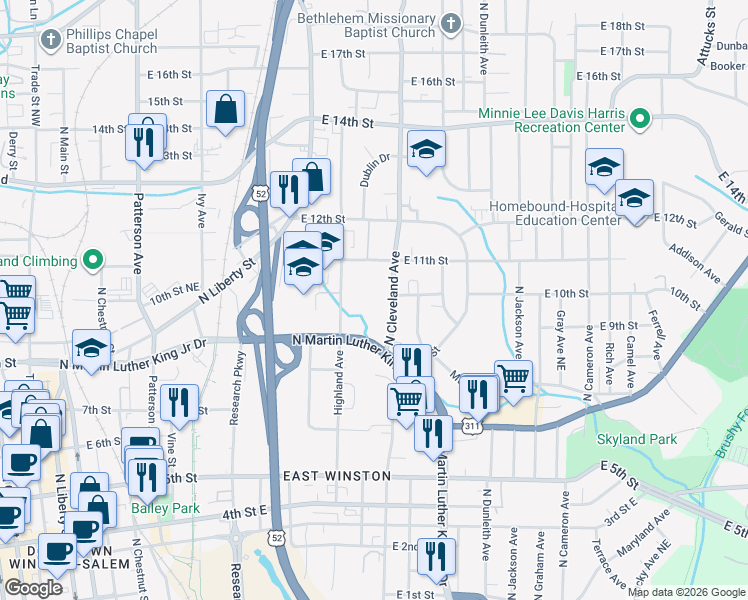 map of restaurants, bars, coffee shops, grocery stores, and more near 930 North Cleveland Avenue in Winston-Salem