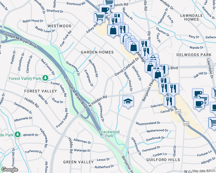 map of restaurants, bars, coffee shops, grocery stores, and more near 2608 David Caldwell Drive in Greensboro