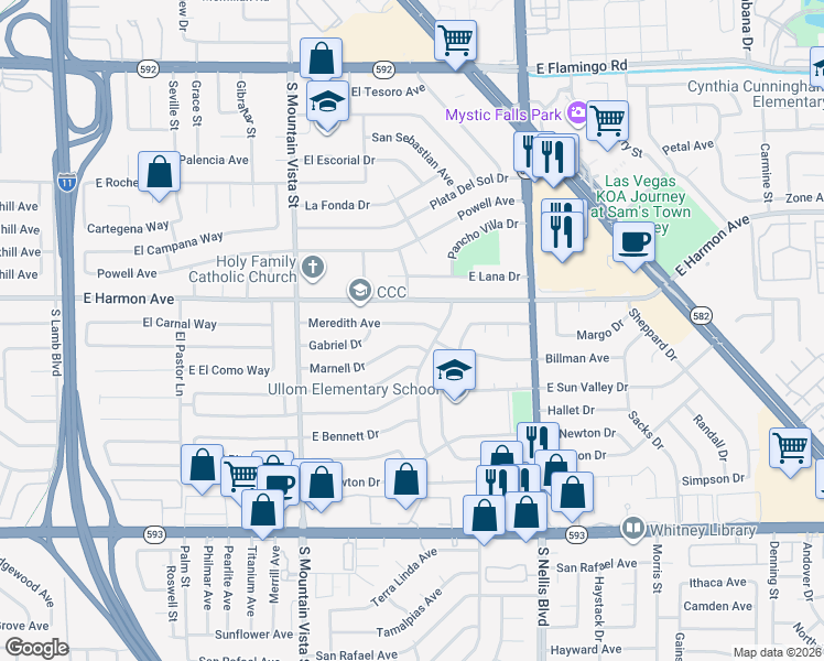 map of restaurants, bars, coffee shops, grocery stores, and more near 4999 Meredith Avenue in Las Vegas