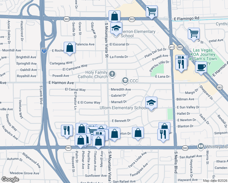 map of restaurants, bars, coffee shops, grocery stores, and more near 4647 Meredith Avenue in Las Vegas