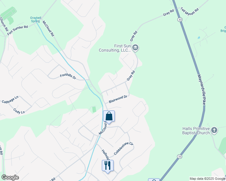 map of restaurants, bars, coffee shops, grocery stores, and more near 7918 Gray Heights Way in Knoxville