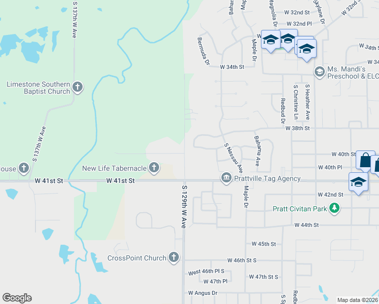 map of restaurants, bars, coffee shops, grocery stores, and more near 3820 Bermuda Drive in Sand Springs