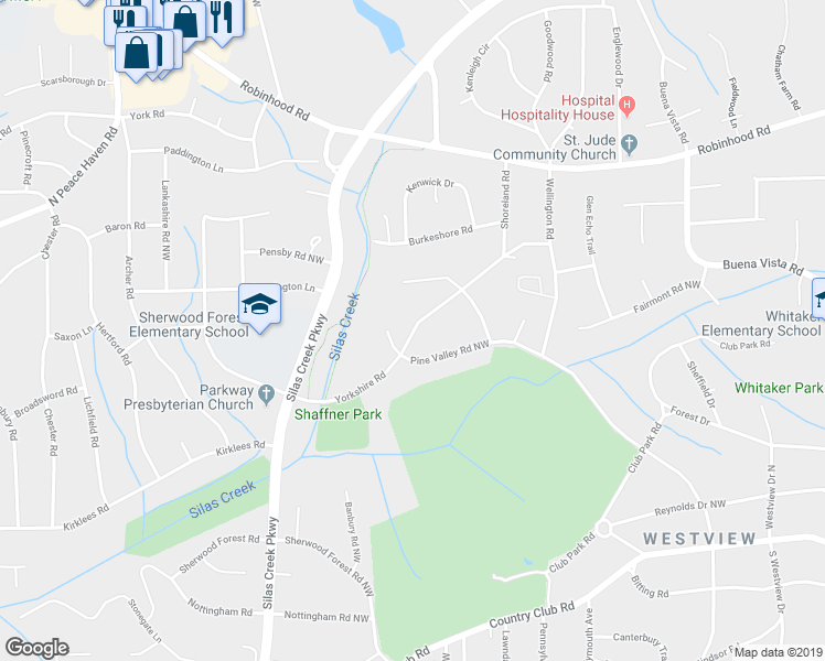 map of restaurants, bars, coffee shops, grocery stores, and more near 750 Yorkshire Road in Winston-Salem