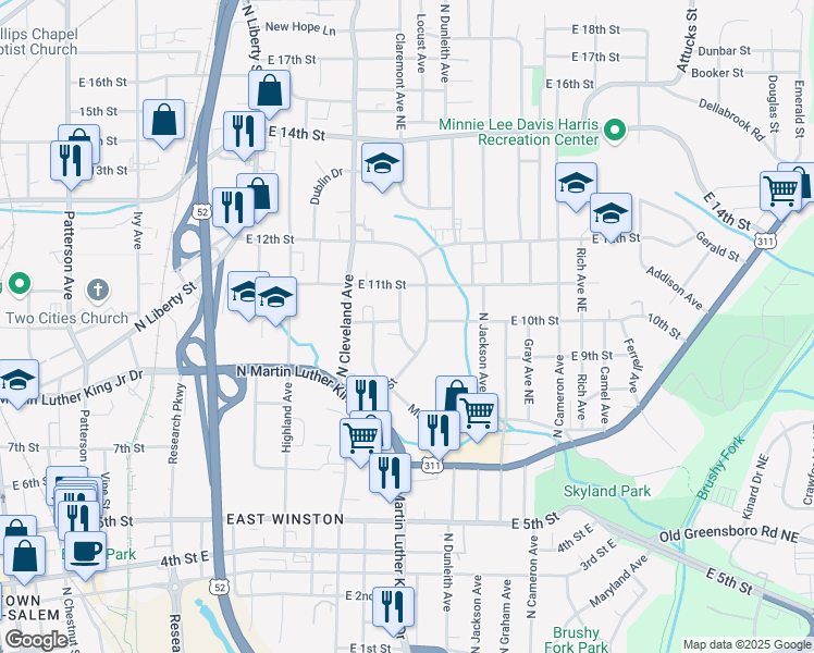 map of restaurants, bars, coffee shops, grocery stores, and more near 1015 Claremont Avenue Northeast in Winston-Salem