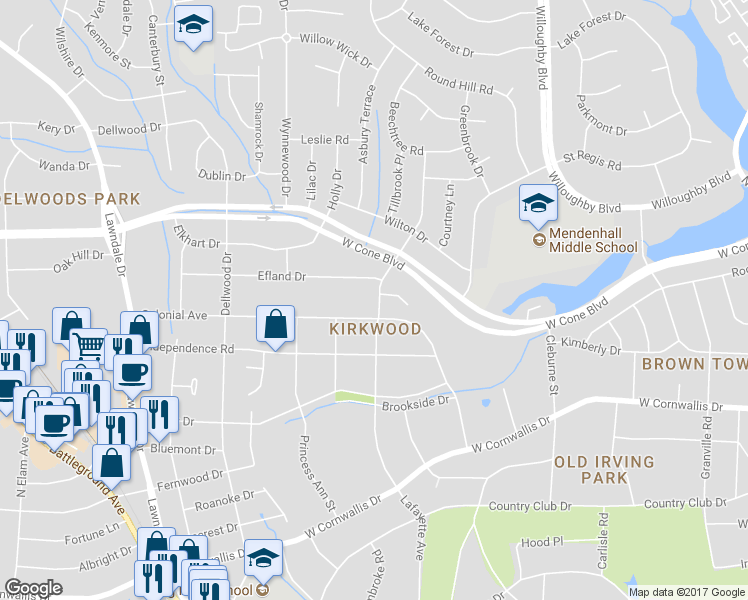 map of restaurants, bars, coffee shops, grocery stores, and more near 2605 Lafayette Avenue in Greensboro