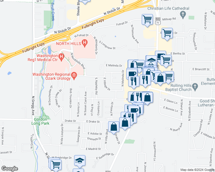 map of restaurants, bars, coffee shops, grocery stores, and more near 362 East Village Drive in Fayetteville