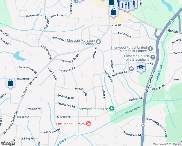 map of restaurants, bars, coffee shops, grocery stores, and more near 1301 Saxon Lane in Winston-Salem