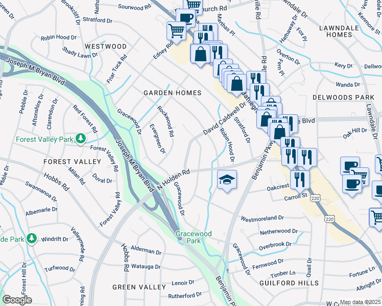 map of restaurants, bars, coffee shops, grocery stores, and more near 2608 David Caldwell Drive in Greensboro