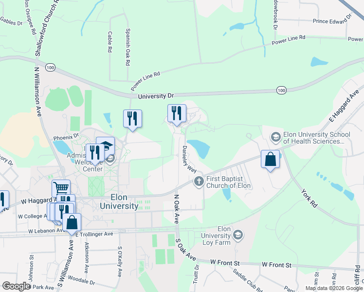 map of restaurants, bars, coffee shops, grocery stores, and more near 40 Sheridan Place in Elon
