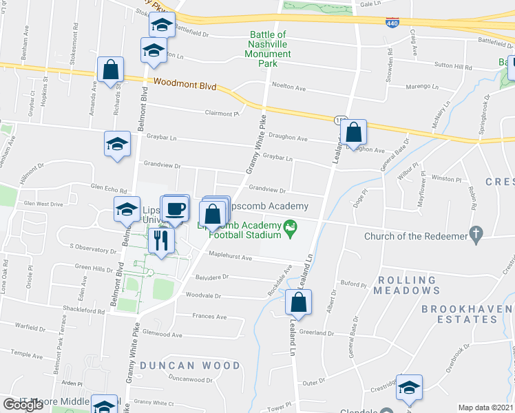 map of restaurants, bars, coffee shops, grocery stores, and more near 1104 Caldwell Lane in Nashville