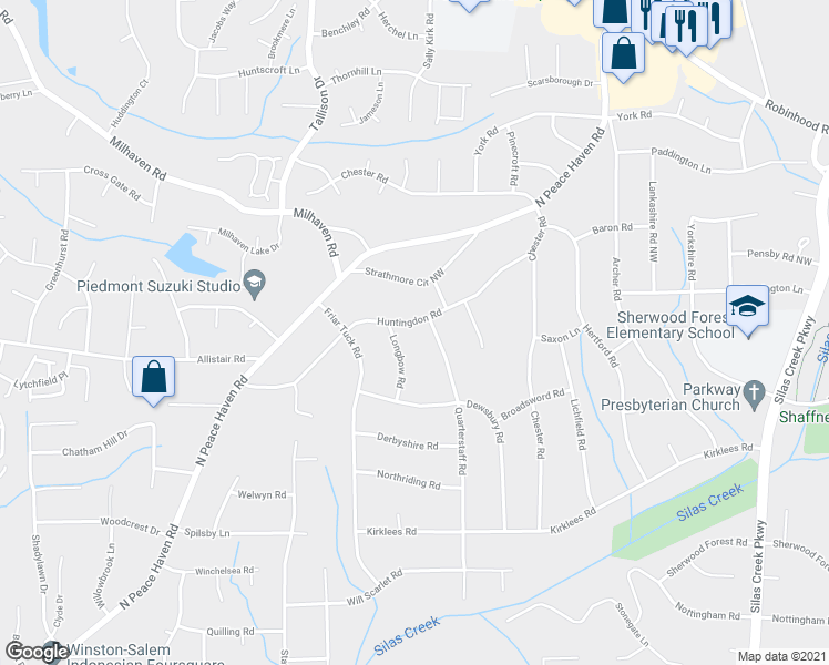 map of restaurants, bars, coffee shops, grocery stores, and more near 1161 Huntingdon Road in Winston-Salem